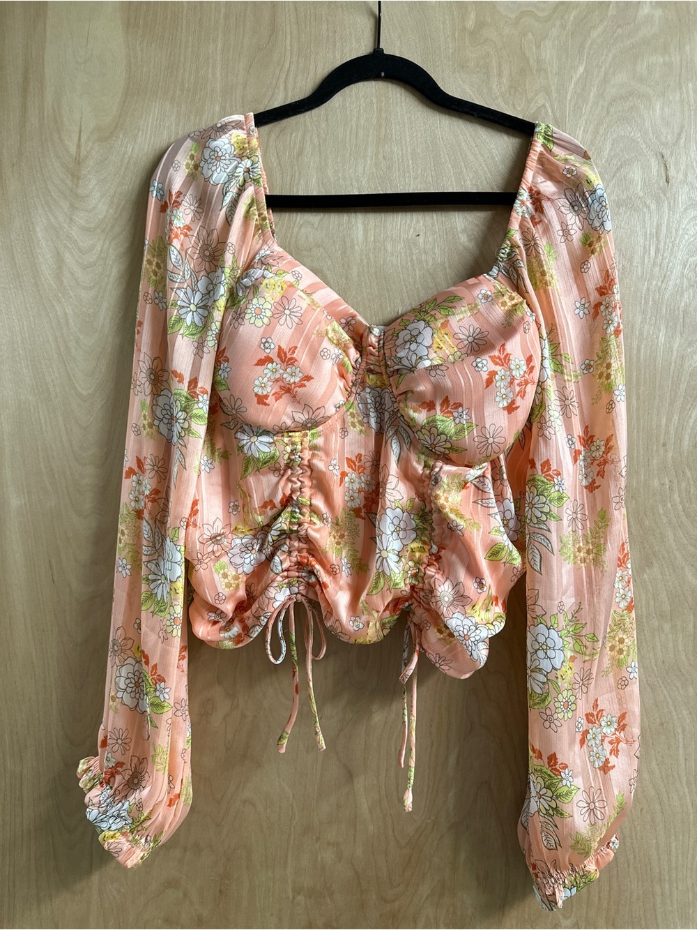 Peach Floral Ruched Long-Sleeve Blouse